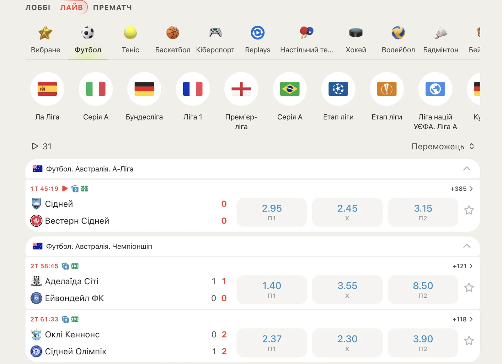 Футбольні матчі наживо в TopMatch із поточним рахунком і коефіцієнтами